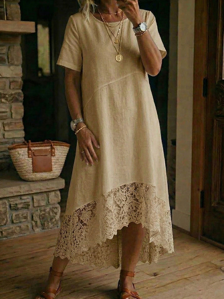 Women's Linen High-Low Midi Dress with Short Sleeves