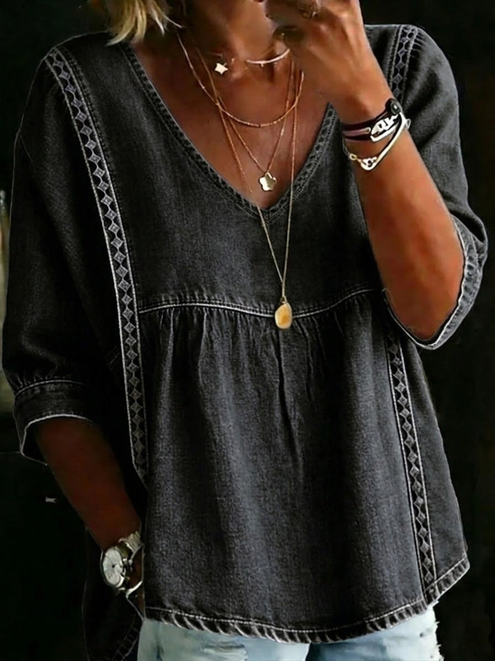 Women's Denim V-Neck Peplum Tunic Top