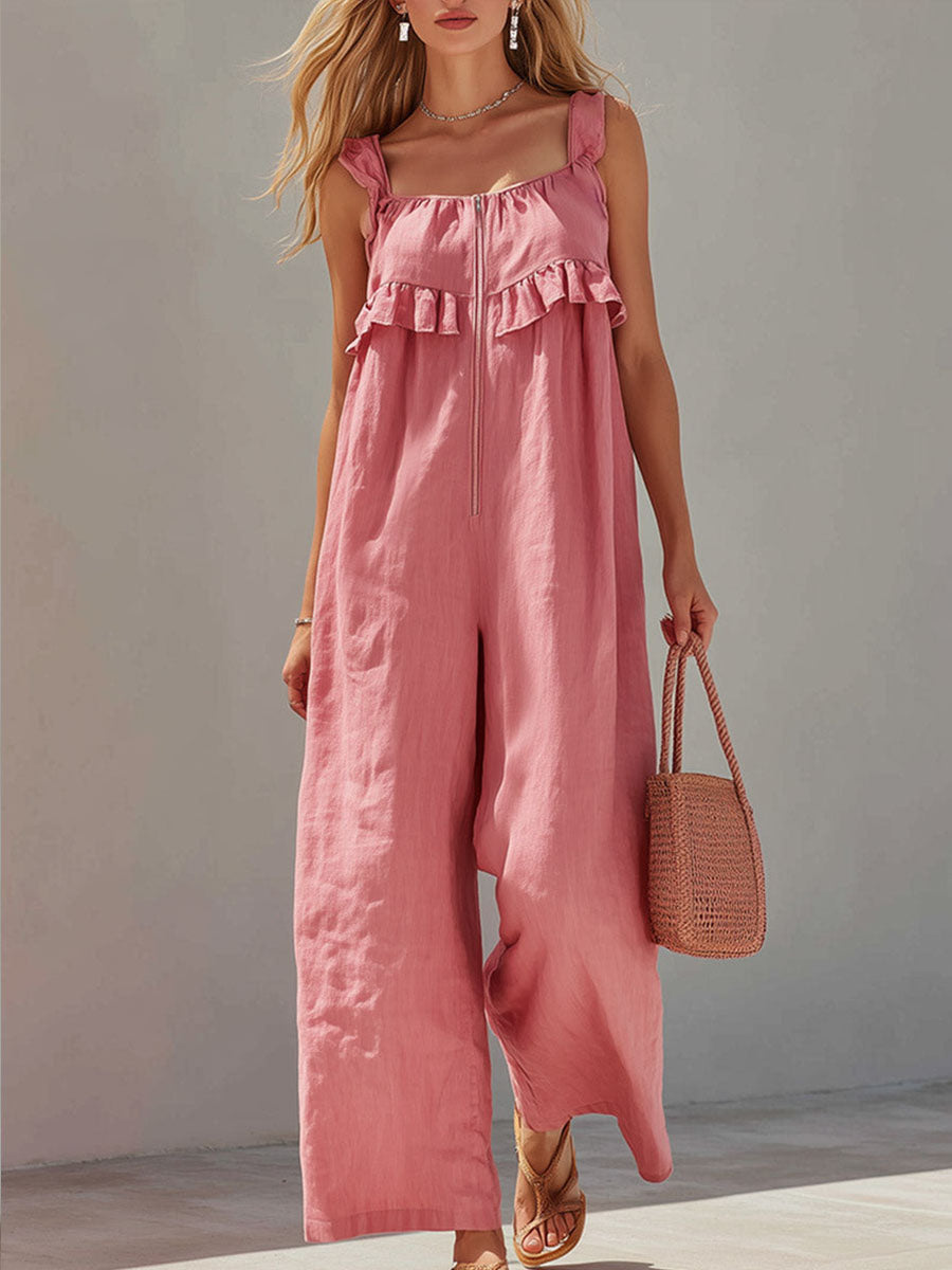 Women's Linen-Blend Square Neck Wide Leg Jumpsuit