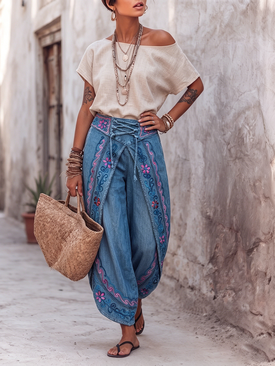 Women's Denim Wide Leg Boho Trousers Embroidered Hippie Harem Pants