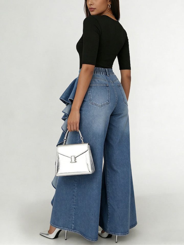 Women's Jeans Denim Wide-Leg Ruffle Asymmetric Flare Style