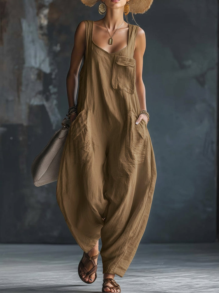 Women's Linen Jumpsuit Loose Fit Sleeveless Harem Dungarees Play-suit