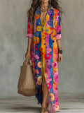 Women's Linen Maxi Shirt Dress Floral Print Long Sleeve Button Down Oversized Kaftan
