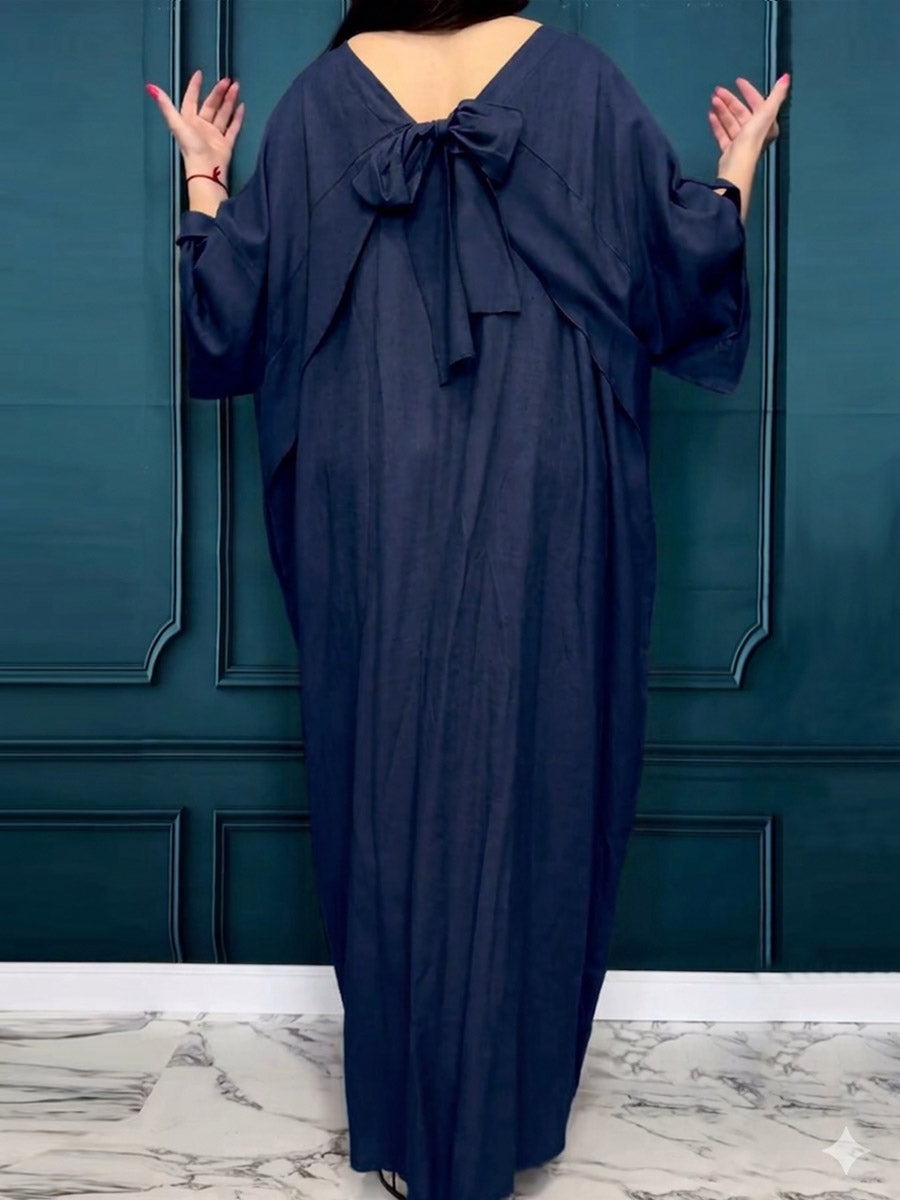 Women's Linen Kaftan Maxi Dress With Back Bow Detail