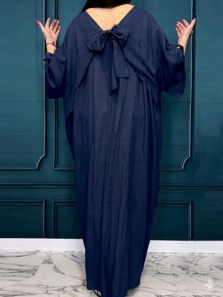 Women's Linen Kaftan Maxi Dress With Back Bow Detail