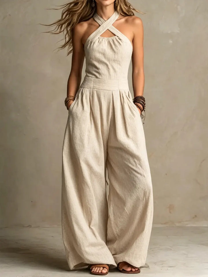 Women's Linen Blend Halter Crossed Collar Wide-Leg Jumpsuit