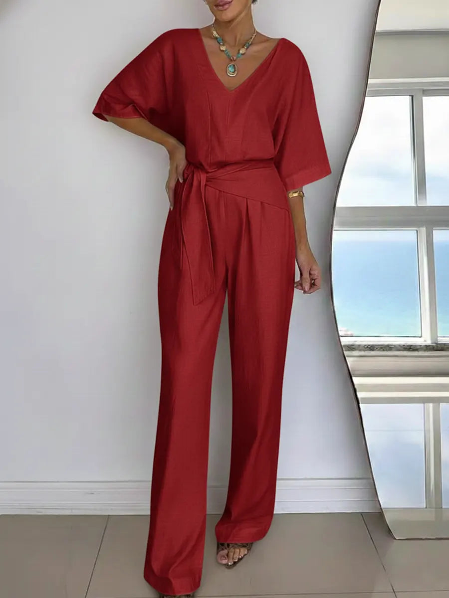 Women's Linen Jumpsuit V-Neck Short Sleeve Belted Wide Leg One Piece Romper