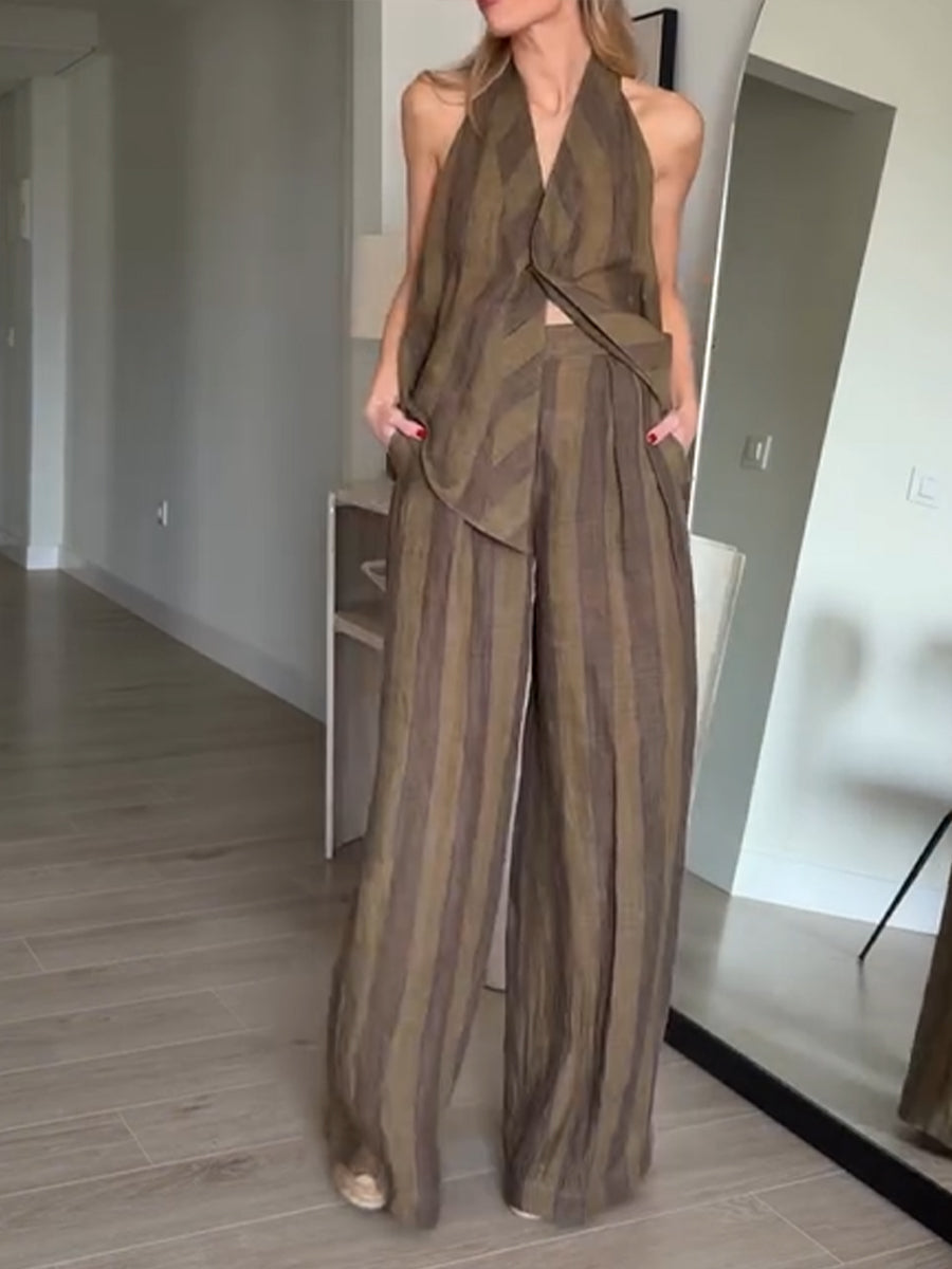 Women's Linen Two Piece Set Striped Backless Halter Top & Wide-Leg Pants