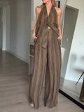 Women's Linen Two Piece Set Striped Backless Halter Top & Wide-Leg Pants
