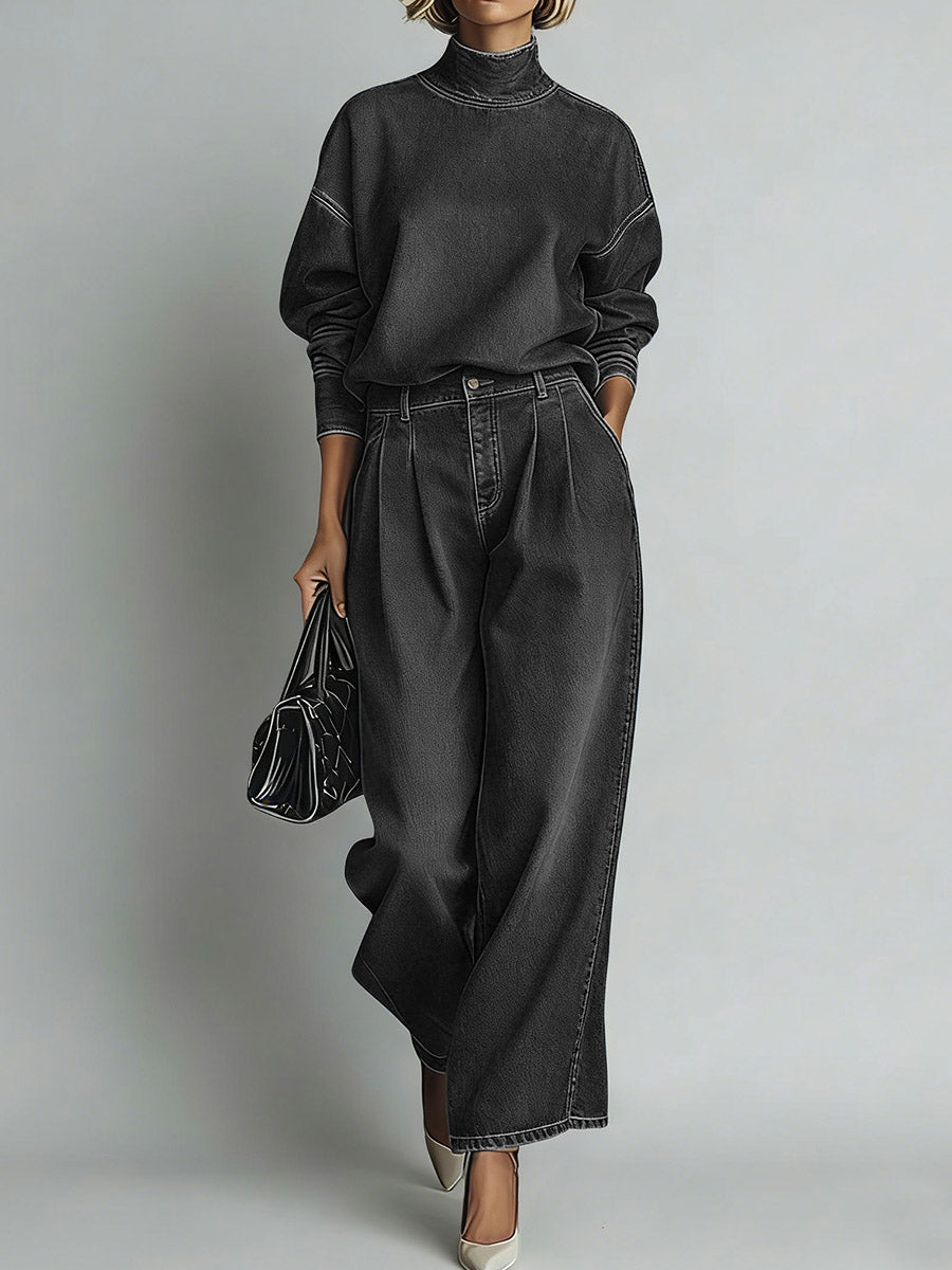 Women's Denim Mock Neck Sweatshirt and Wide Leg Pants Set