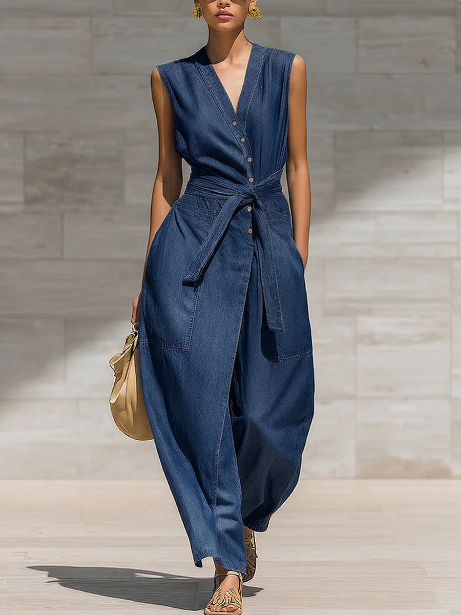 Women's V-Neck Sleeveless Denim Jumpsuit with Belted Waist