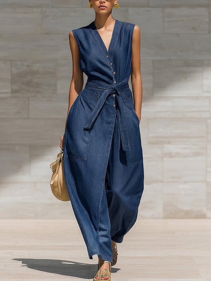 Women's V-Neck Sleeveless Denim Jumpsuit with Belted Waist