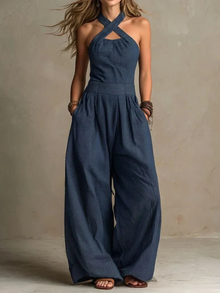 Women's Linen Blend Halter Crossed Collar Wide-Leg Jumpsuit