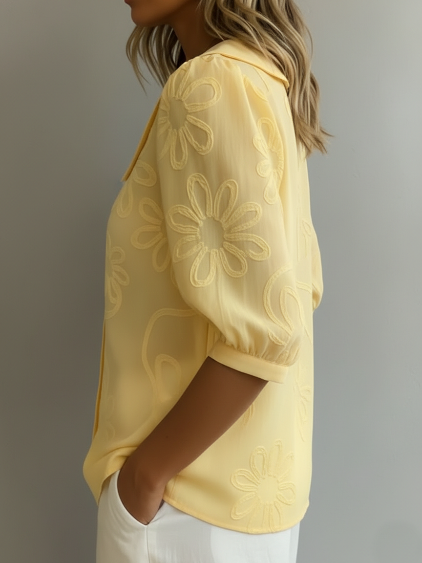 Vintage Peter Pan Collar Embroidered Floral Women Shirt Wool Mix Retro Blouse