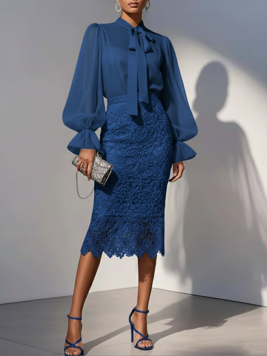 Women's Lace Skirt and Chiffon Blouse Set