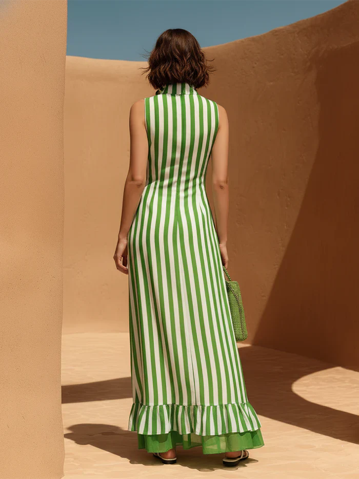 Women's Striped Sleeveless Linen Maxi Dress with Ruffle Hem