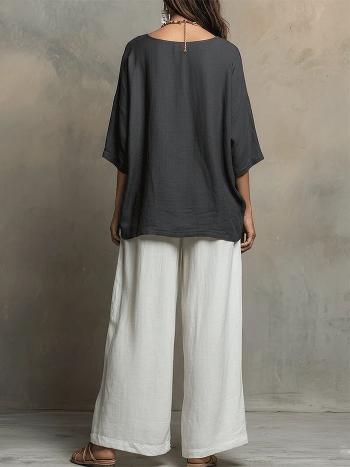Women's Linen Two Piece Lounge Set Wide Leg Pants and Top Co-ord