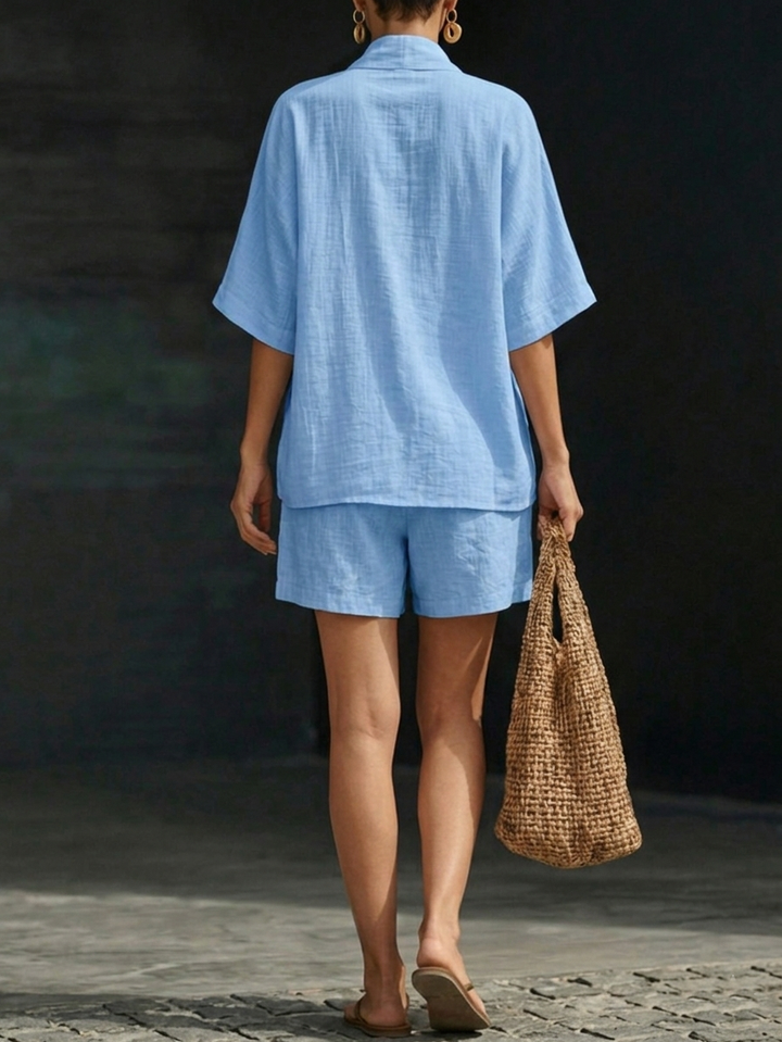 Women's Linen Two Piece Shorts Set V-Neck Short Sleeve Top Lounge Set