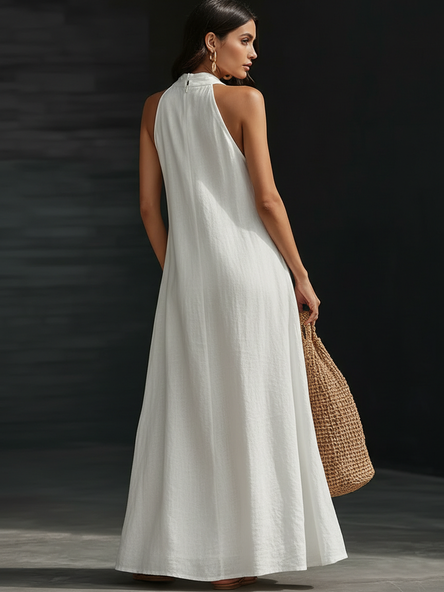 Women's Linen Halter Neck Backless Maxi Dress