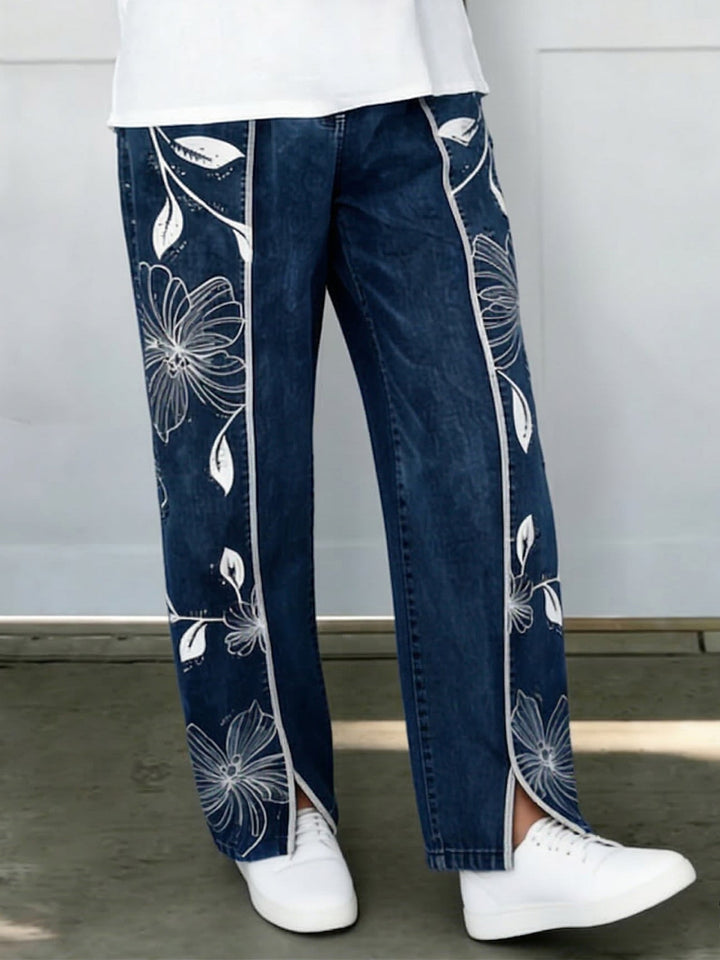 Women's Floral Embroidered Denim Wide Leg Jeans Linen Blend Pants