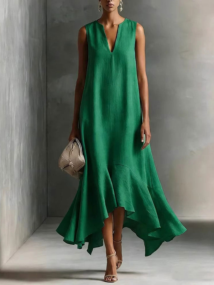 Women's Deep V-Neck Sleeveless Asymmetric Ruffle-Hem Linen Maxi Dress