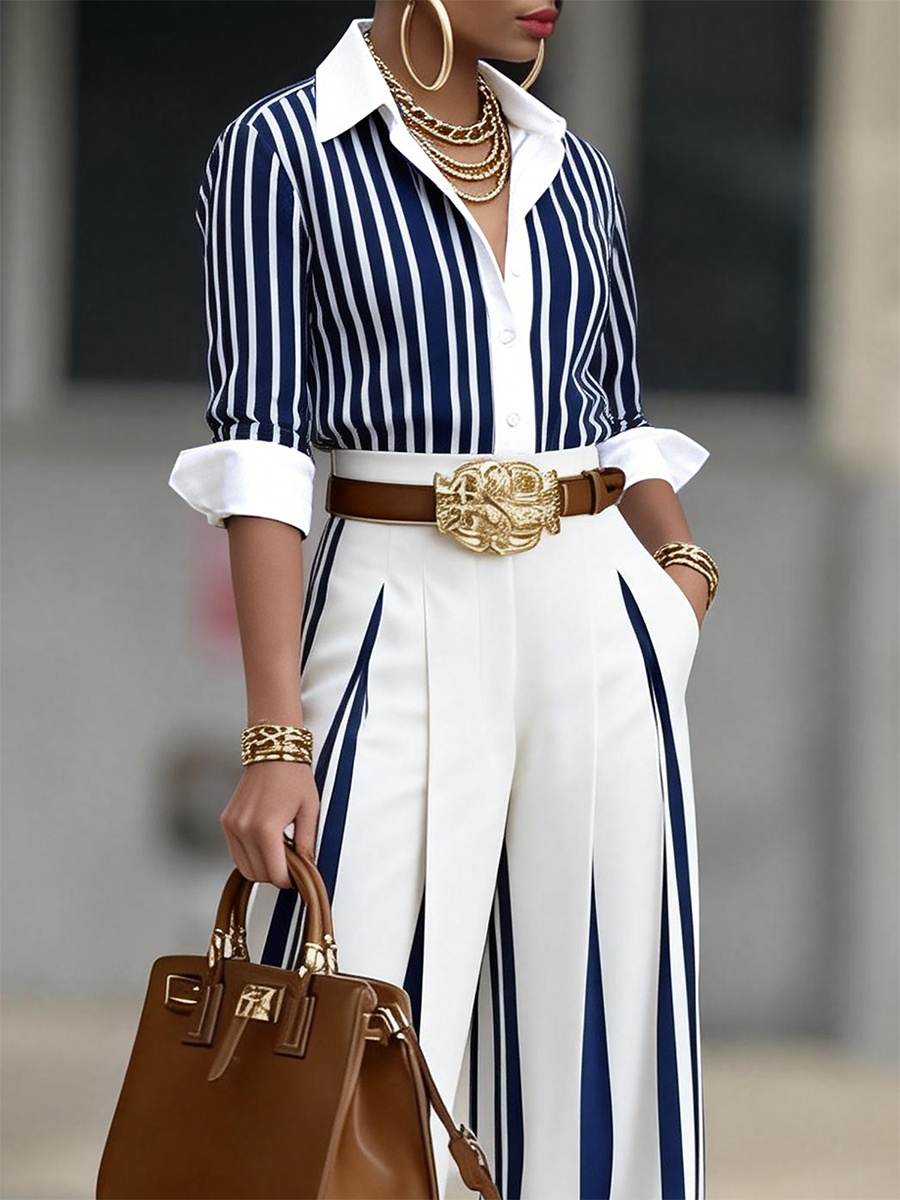 Women's Linen High Waisted Wide Leg Striped Trousers