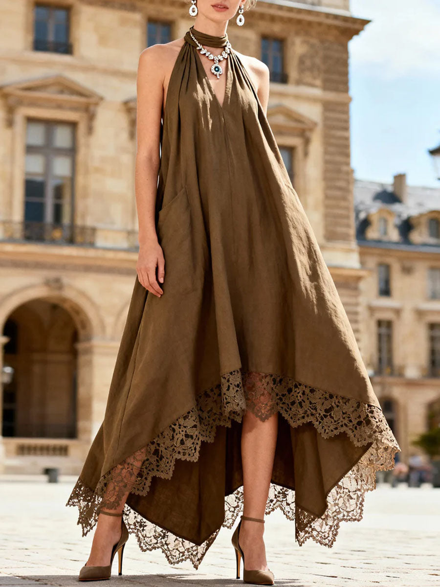 Women's Linen Halter Neck High Low Hem Evening Maxi Dress