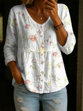 Women's Linen Blouse Floral Button Long Sleeve Shirt