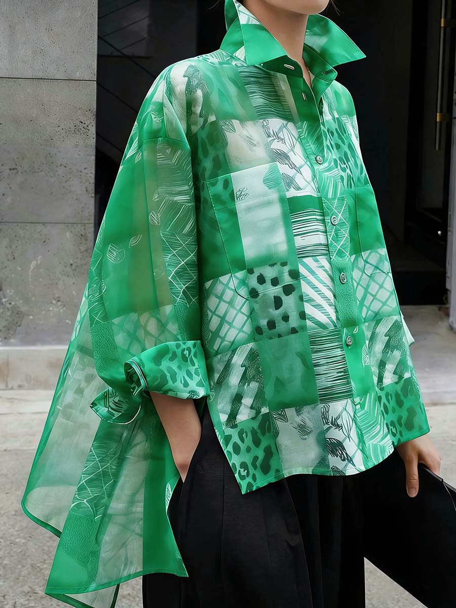 Women's Linen Blouse Sheer Patchwork Button Up Oversized High Low Shirt