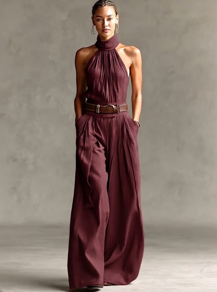 Women's Linen Halter Neck Wide Leg Jumpsuit