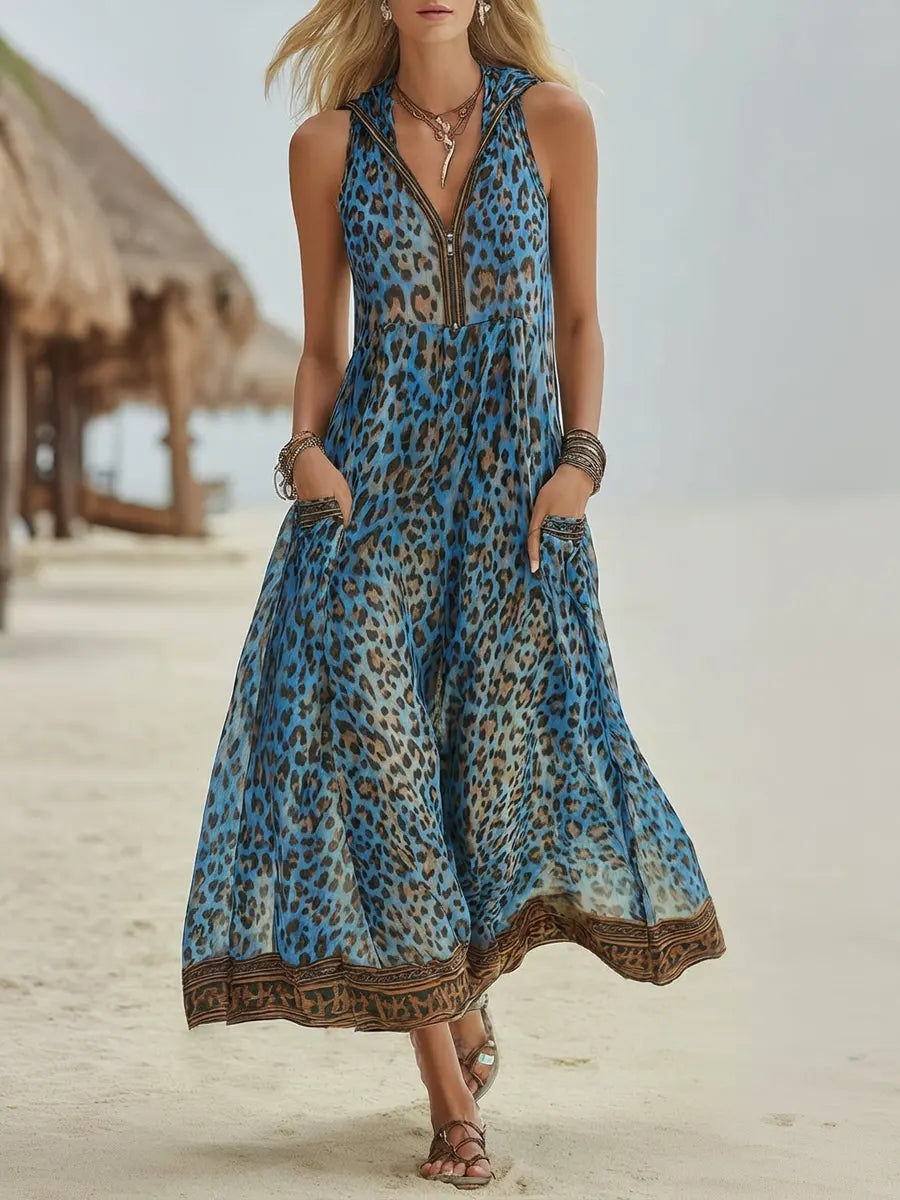 Women's Chiffon Leopard Print Sleeveless V-Neck Maxi Dress