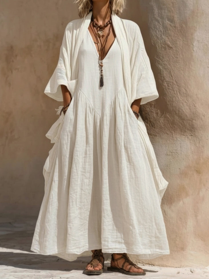 Women's Maxi Dress Linen Boho Kaftan Long Sleeve Gown Loose Fit Casual Gown