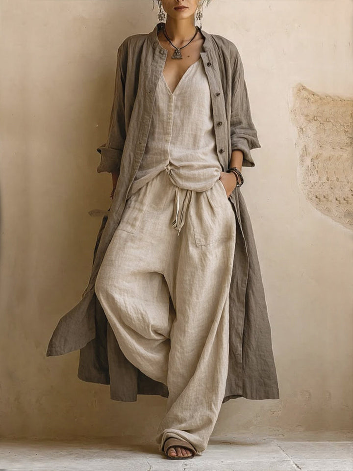Women Linen 3-Piece Matching Lounge Pants Set