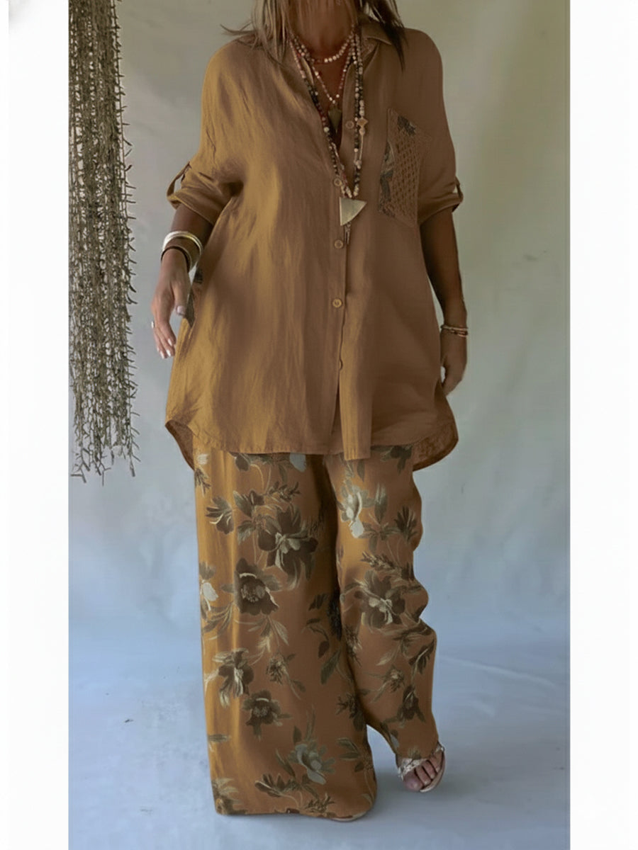 Women's Linen Two Piece Set Loose Long Sleeve Shirt Wide Leg Trousers Outfit