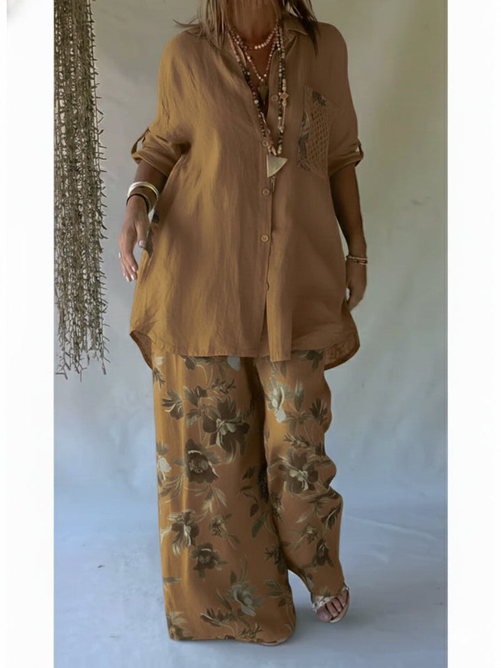 Women's Linen Two Piece Set Loose Long Sleeve Shirt Wide Leg Trousers Outfit