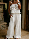 Women's Linen Two Piece Ruffle Top and Wide Leg Trousers Set