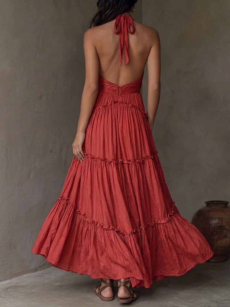 Women's Linen Halter Neck Backless Tiered Maxi Dress