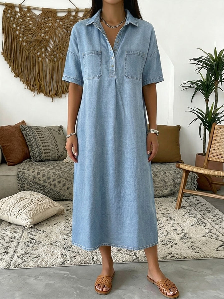 Women’s Denim Midi Shirt Dress Linen Mix Short Sleeve Casual Tunic