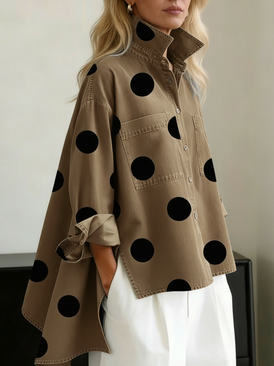 Women's Polka Dot Denim Shirt Oversized Button Up Blouse Long Sleeve Top