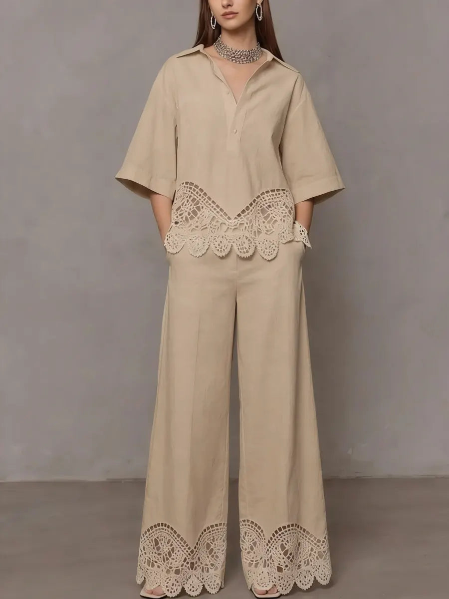 Women's Linen Blend V-Neck Top and Wide Leg Trousers Co-ord Set
