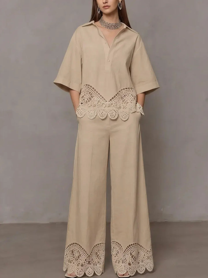 Women's Linen Blend V-Neck Top and Wide Leg Trousers Co-ord Set
