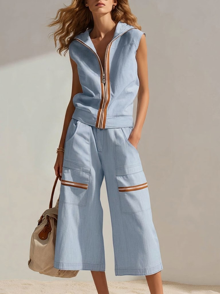 Women's Sleeveless Hoodie and Wide Leg Cropped Trousers Set