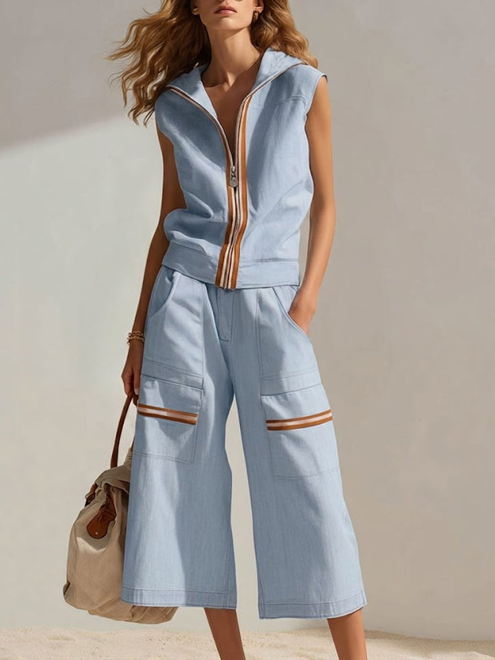 Women's Sleeveless Hoodie and Wide Leg Cropped Trousers Set
