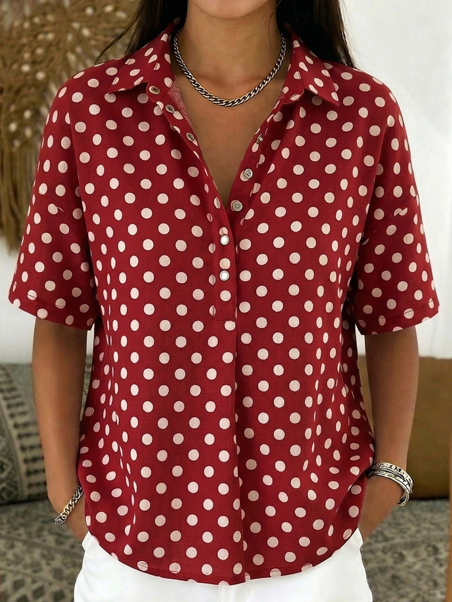 Women's Linen Polka Dot Short Sleeve Collared Shirt Blouse Top