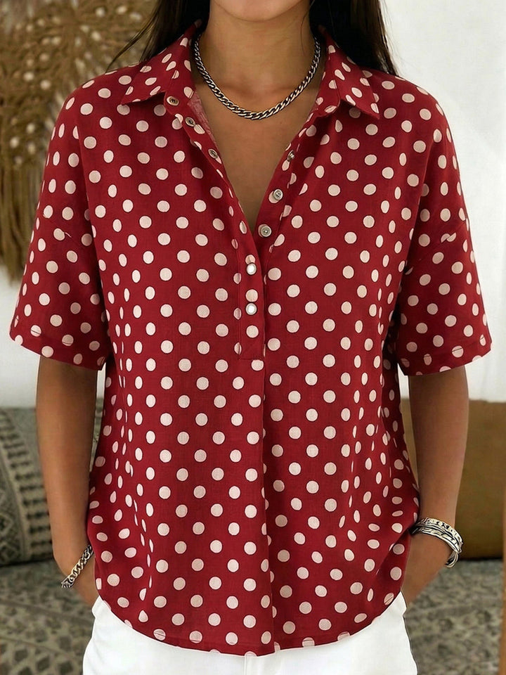 Women's Linen Polka Dot Short Sleeve Collared Shirt Blouse Top
