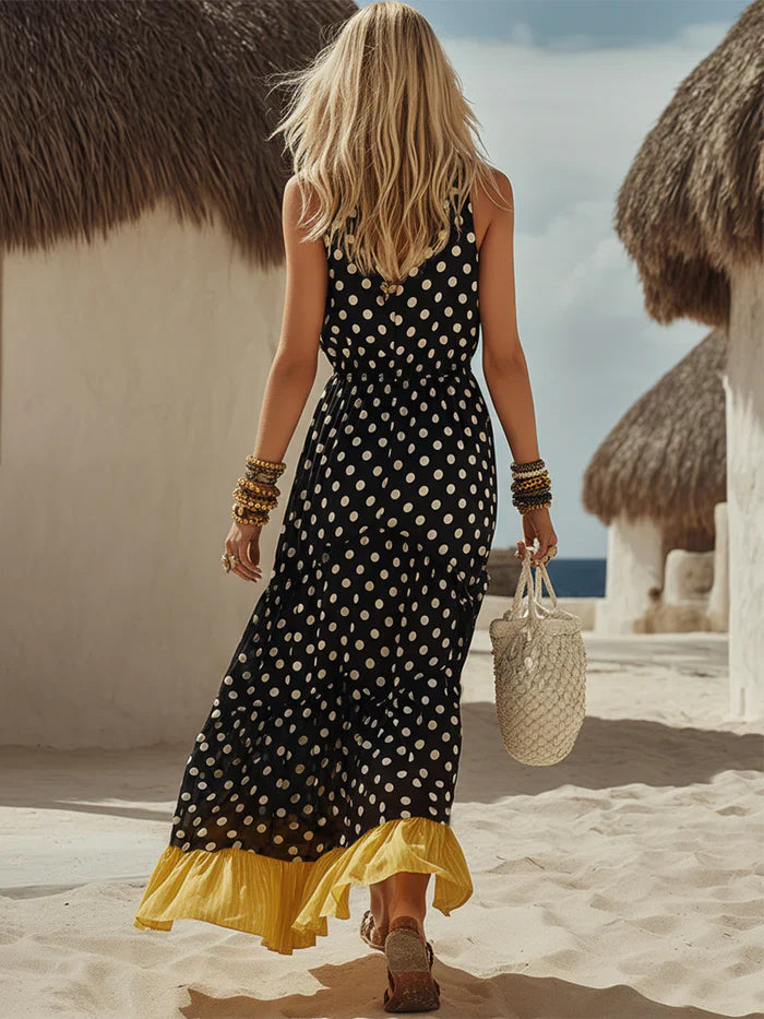 Women's Linen Polka Dot Maxi Dress Sleeveless Tiered Sun Dress