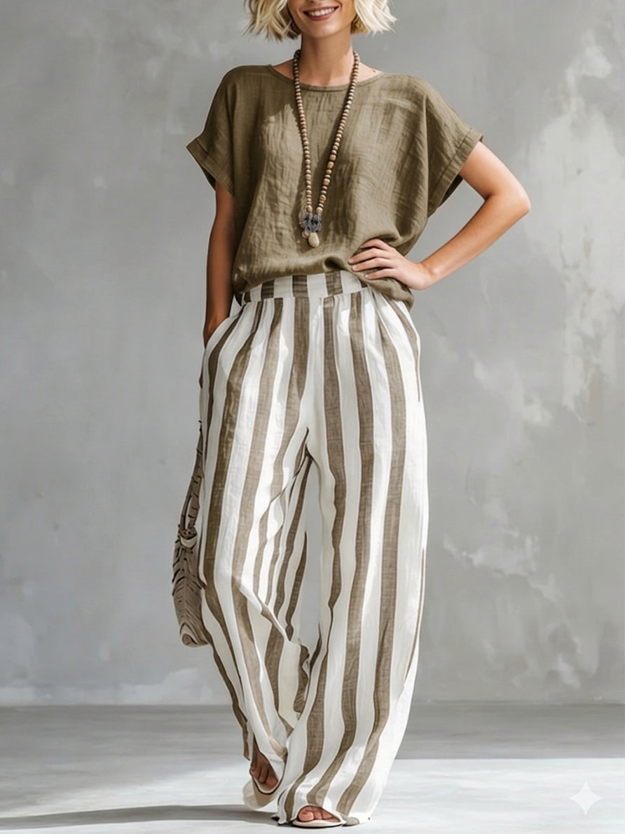 Women's Linen Two-Piece Set Striped Wide Leg Trousers and Short Sleeve Top