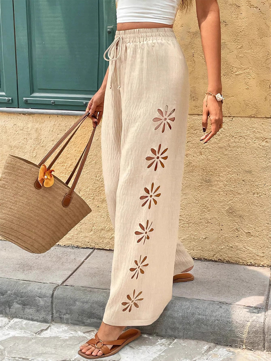 Women's Wide Leg Linen Trousers Floral High Waist Casual Beach Pants