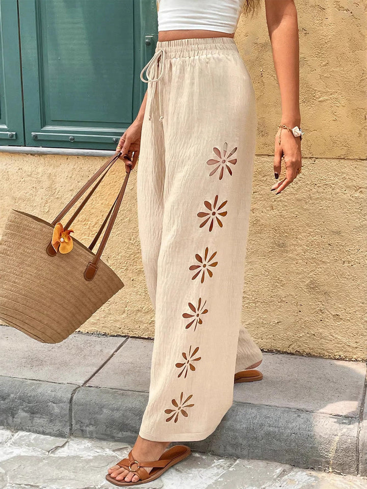 Women's Wide Leg Linen Trousers Floral High Waist Casual Beach Pants