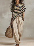 Women's Linen Blend Striped Top and Wide Leg Trousers Two-Piece Set